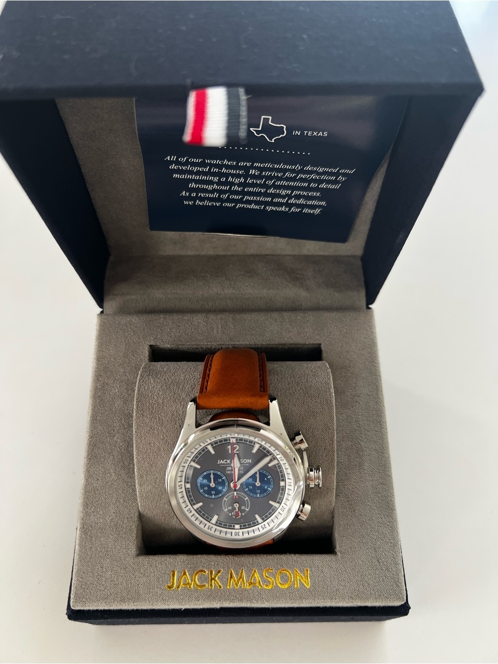 Jack Mason Men's Brown Leather Strap Chronograph Watch with Grey/Blue Face New